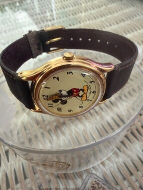 Mickey Mouse Gold-Tone Wristwatch with Brown Leather Strap